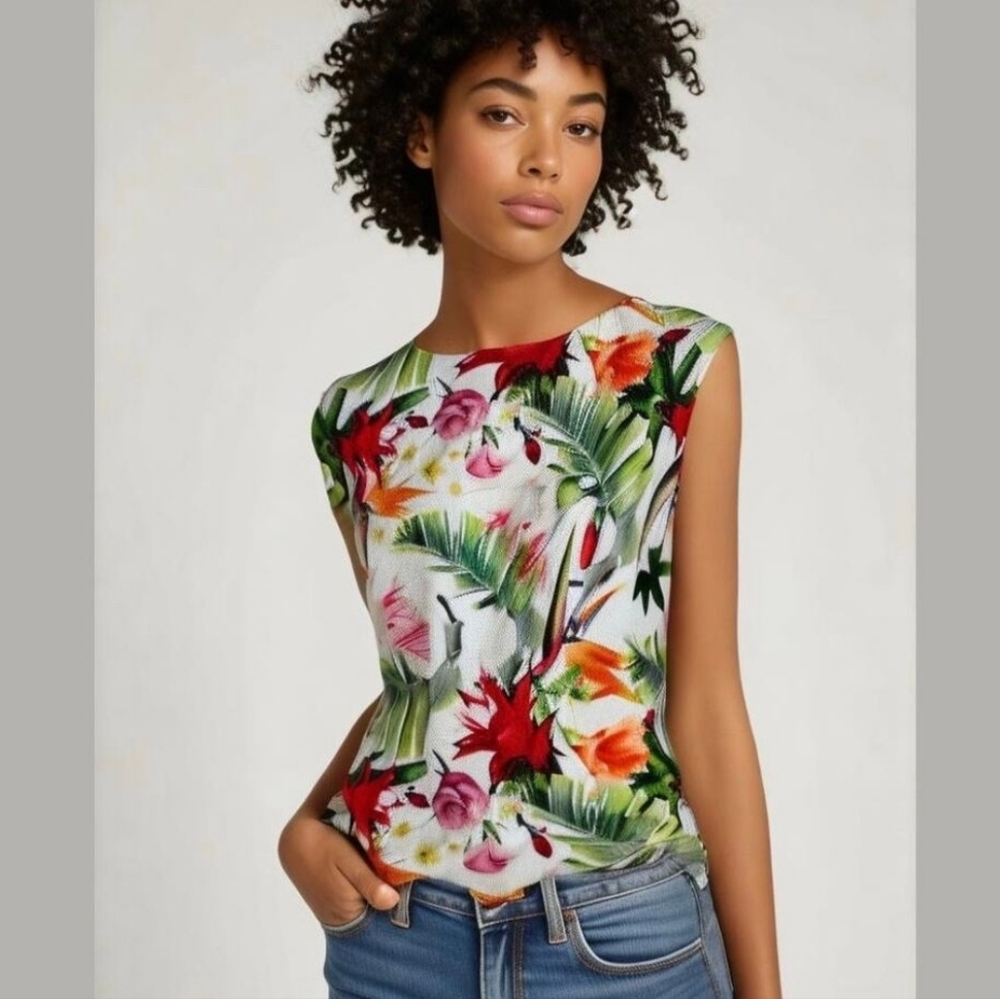Luisa Ricci Floral Sweater Top Birds Of Paradise Capped Sleeves Italy Tropical M